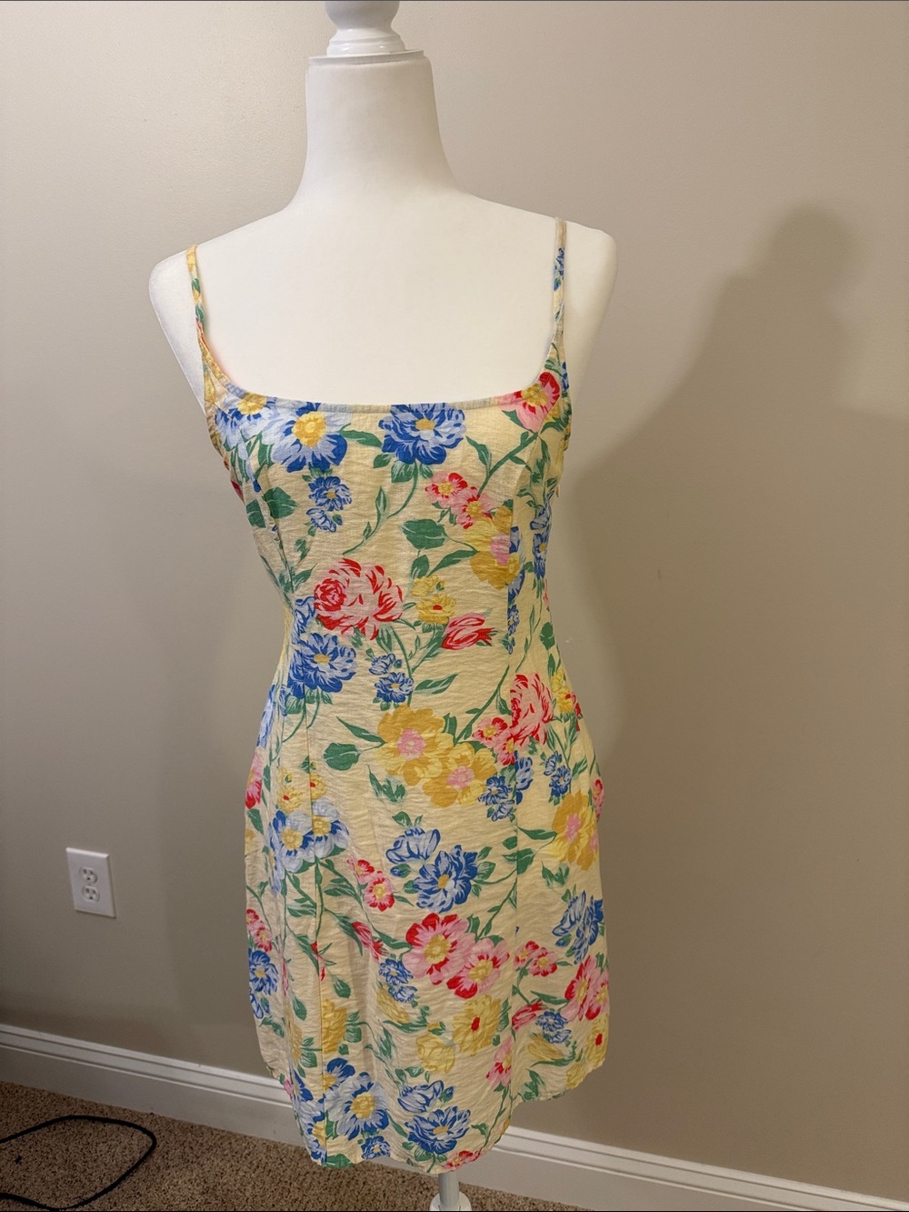 Yellow Floral Spaghetti-Strap Mini Dress Size 6